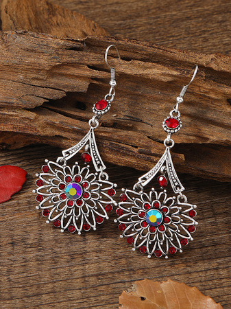 

Vintage Ethnic Floral Diamond Metal Distressed Earrings Casual Women's Jewelry, Wine red, Earrings