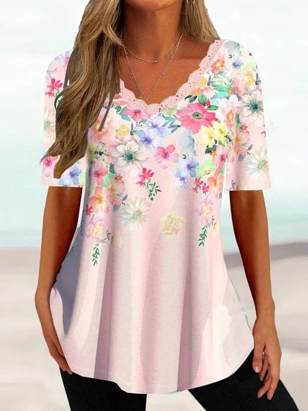 

Loose Casual V Neck Lace Floral Shirt, Pink, Shirts & Blouses