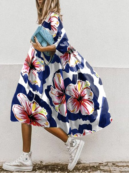 

Floral V Neck Vacation Regular Fit Dress, Blue, Midi Dresses