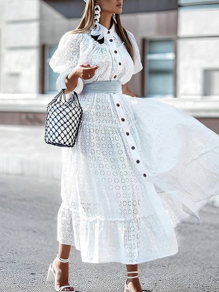 

Plain Shirt Collar Loose Elegant Dress, White, Midi Dresses