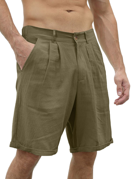 

Men's Linen Casual Beach Shorts Cotton Classic Summer Shorts with Buttons Elastic Waist, Army green, Shorts