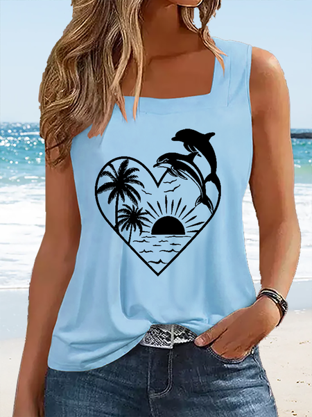 

Women's Cute Dolphin Coconut Tree Sun Heart Cotton Square Neck Casual Tank Top, Light blue, Tank Tops