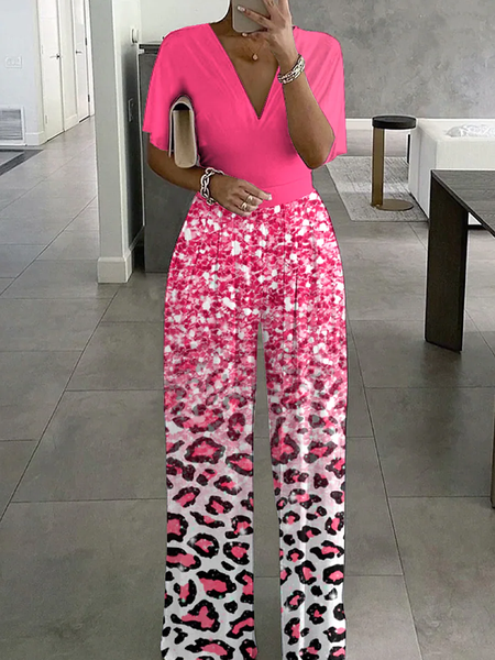 

Casual V Neck Regular Fit Jumpsuit, Pink, Jumpsuits＆Rompers