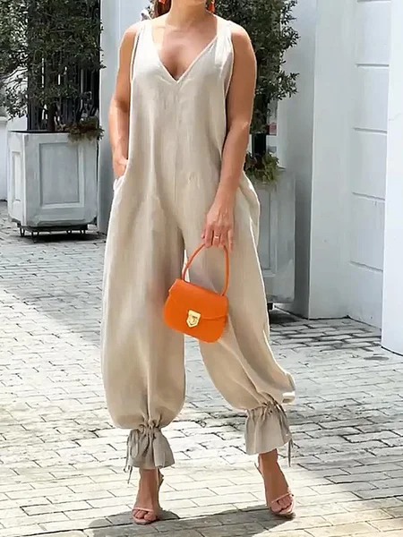 

Loose Lightweight Urban Linen V Neck Sleeveless Jumpsuit, Apricot, Jumpsuits