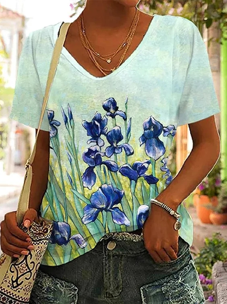 

Floral Casual V Neck Loose T-Shirt, Blue, T-Shirts