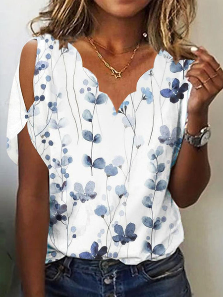 V Neck Floral Casual Loose T Shirt