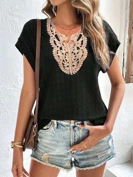

Lace Casual Loose T-Shirt, Black, T-Shirts