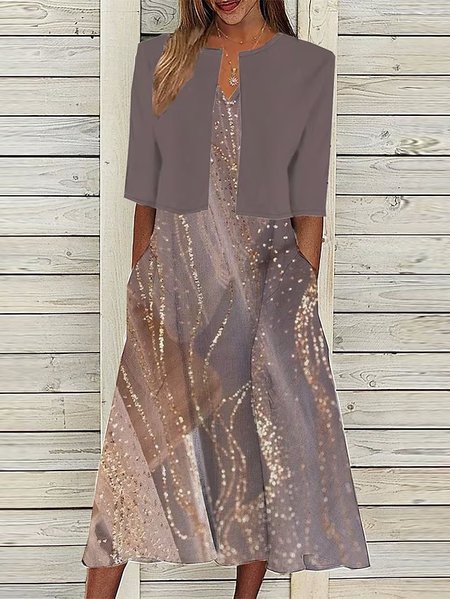 Crew Neck Casual Gradient Pattern Two-Piece Set, Dark pink, Sets