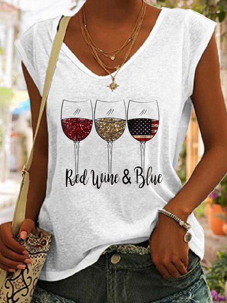 

Flag Loose Casual V Neck T-Shirt, White, T-Shirts
