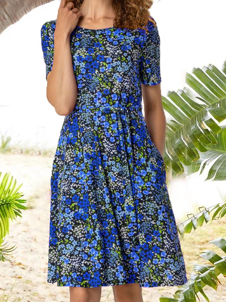 

Casual Floral Crew Neck Dress, Blue, Dresses