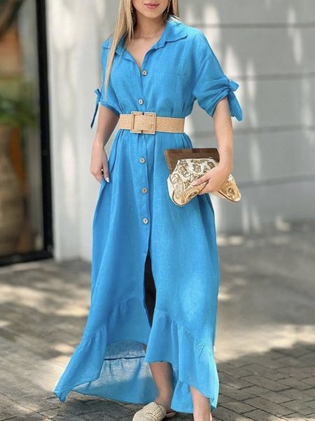 

Shirt Collar Plain Daily Vacation Dress, Blue, Maxi Dresses