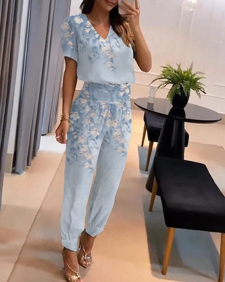 

Loose Floral Casual V Neck Two-Piece Set, Blue, Suit Set