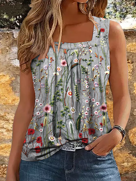 

Women's Casual Loose Square Neck Floral Tank Top, Gray, Tank Tops