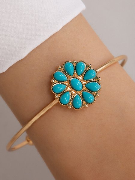 

Ethnic Style Open Bracelet with Turquoise Floral Pattern Casual Vintage Women's Jewelry, As picture, Bracelets