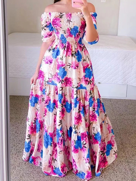

Lightweight Floral Cold Shoulder Short sleeve Vacation No Belt Maxi Dress, Pink, Maxi Dresses