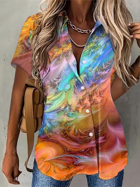 

Shawl Collar Ombre Buttoned Casual Blouse, Orange, Shirts & Blouses