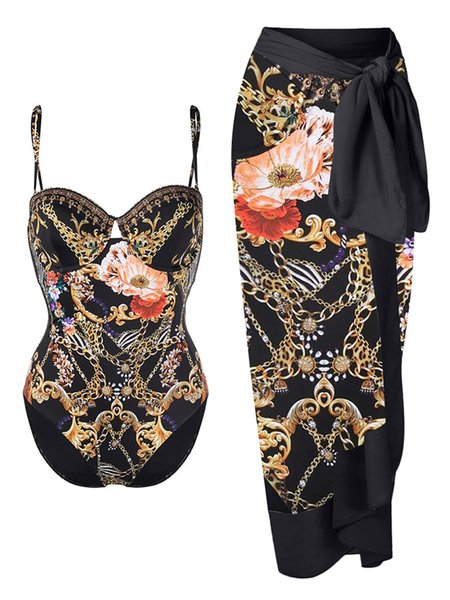 

Vacation Abstract Printing Notched One Piece With Cover Up, Black, swimwear>>One-Pieces