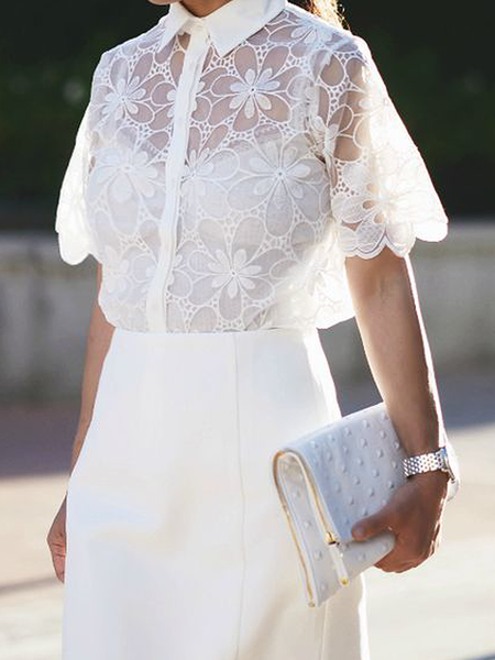 

Loose Ultra lightweight Shirt Collar Short sleeve Plain Elegant Blouse, White, Blouses and Shirts