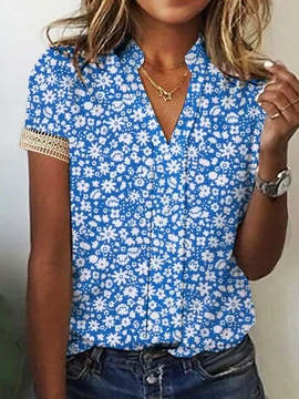 

Casual Floral Lace Edge Loose T-Shirt, Blue, Shirts & Blouses