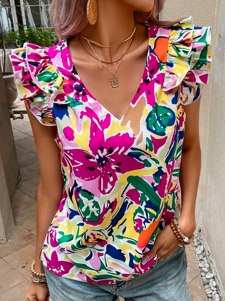 

Vacation Loose Floral V Neck Floral Print Ruffle Trim Shirt, Pink, Shirts & Blouses