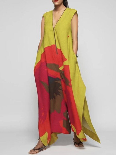

Loose Casual V Neck Floral Dress, Yellow, Maxi Dresses
