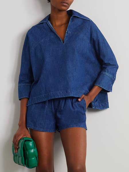 

Casual Plain Shirt Collar Denim Blouse, Blue, Blouses and Shirts