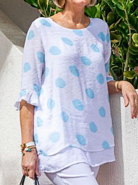 

women's linen boutique Linen Loose Printing Polka Dots Shirt, White, Tunics