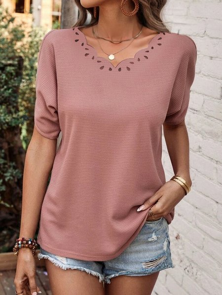 

Plain Waffle Laser Cut Shell Neck T-Shirt, Pink, T-Shirts