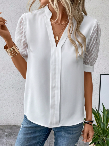 

Loose Simple Lace Stand Collar Shirt, White, Shirts & Blouses