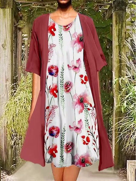 

Crew Neck Casual Loose Floral Two-Piece Set, Red, Dresses