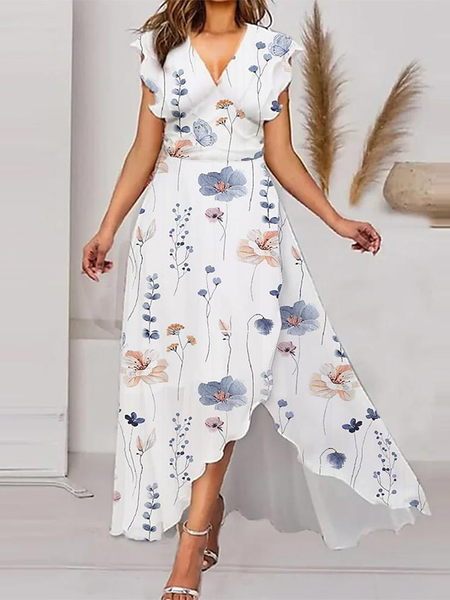 

V Neck Floral Regular Fit Casual Dress, White, Dresses