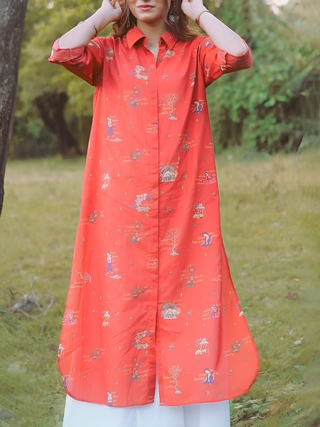 

Shirt Collar Urban Regular Fit Painting Dress, Red, Midi Dresses