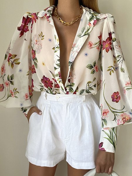

Elegant Shirt Collar Floral Regular Fit Blouse, Off white, Blouses and Shirts