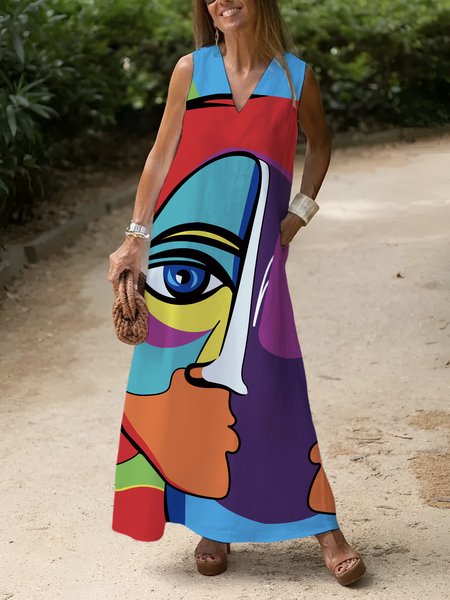 

Color Block Casual V Neck Loose Dress, As picture, Maxi Dresses