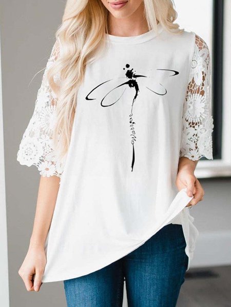 

Lace Knitted Casual Dragonfly T-Shirt, White, Tops