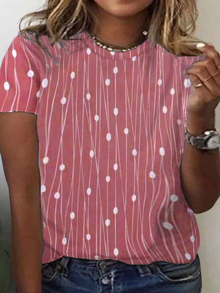 

Plus Size Casual Knitted Polka Dots Crew Neck T-Shirt, Red, TOPS