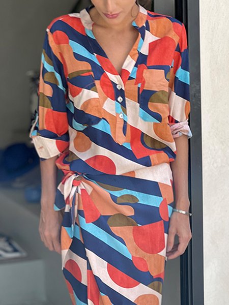 

V Neck Loose Geometric Vacation Blouse, Orange, Blouses and Shirts