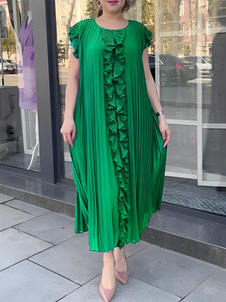 

Loose Crew Neck Elegant Plain Midi Dress, Green, Midi Dresses