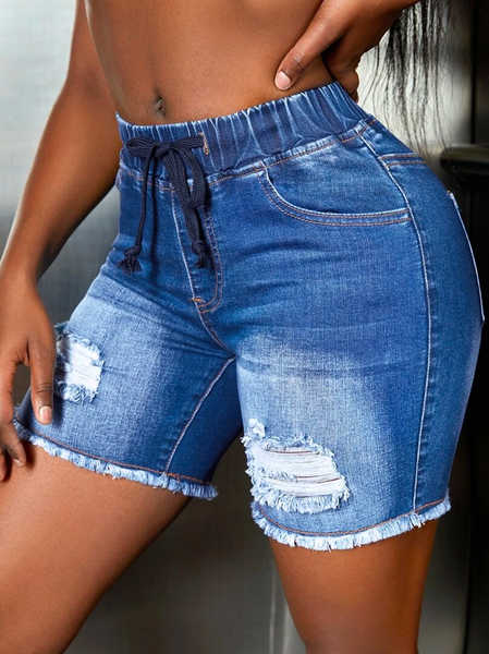 

Denim Casual Denim Drawstring Waist Ripped Raw Trim Denim Shorts, Blue, Shorts