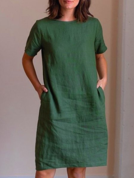 

JFN Cotton & Linen Plain Pockets Short Sleeve Crew Neck Casual Tunic Dress, Green, Dresses
