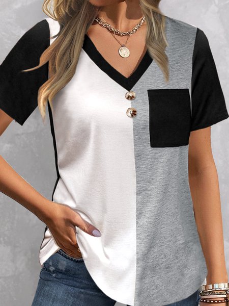 

Casual Color Block V Neck Loose T-Shirt, Black, T-Shirts