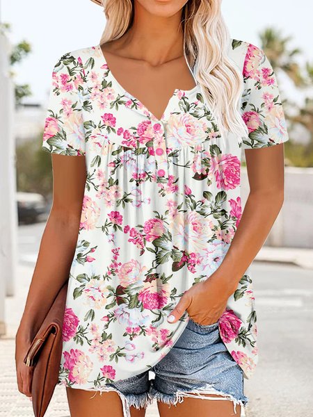 

Floral Loose Vacation Ruched Shirt, Pink, Shirts & Blouses