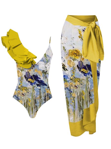 

Stylewe Vacation Abstract Printing One Piece With Cover Up, Yellow, Swimsuit with Coverups