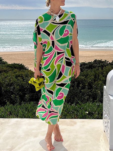 

Crew Neck Vacation Geometric Loose Dress, Green, Midi Dresses