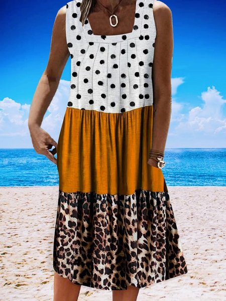 

Square Neck Casual Loose Color Block Dress, Light coffee, Dresses
