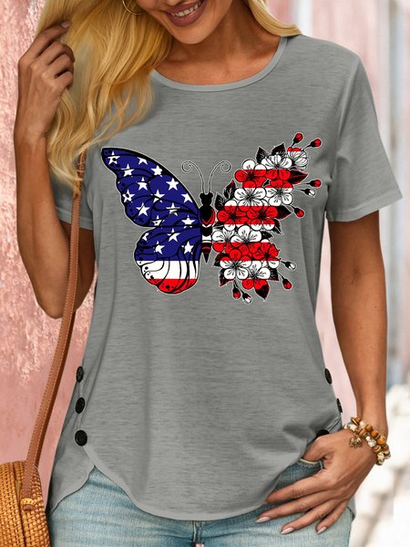 

Women's Flower Butterfly with Sakura flag Crew Neck Loose Casual T-Shirt, Gray, T-shirts