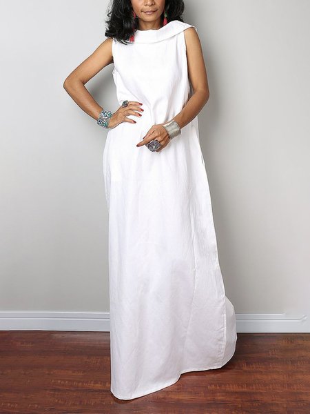 

Loose Plain Hoodie Casual Sleeveless Dress, White, Maxi Dresses