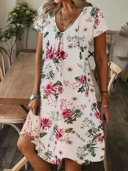 

V Neck Elegant Floral Dress, White, Dresses