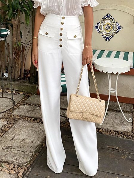 

Regular Fit Elegant Plain Fashion Pants, White, Pants