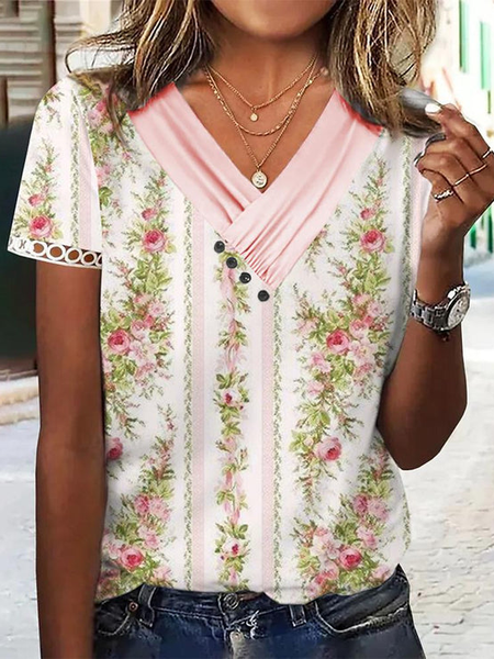 

Lace Casual Loose V Neck T-Shirt, Pink, T-Shirts
